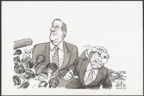Peter Costello patting John Howard patronizingly on the head in front of the press microphones, 2002 [picture] / Pryor