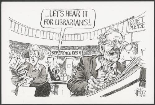 Let's hear it for librarians! A reference desk librarian shouting in an area with a "Quiet Please" sign, 2002 [picture] / Pryor