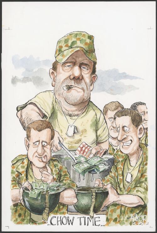 Chow time - Peter Costello dishing out money to Defence in Budget, 2002 [picture] / Pryor