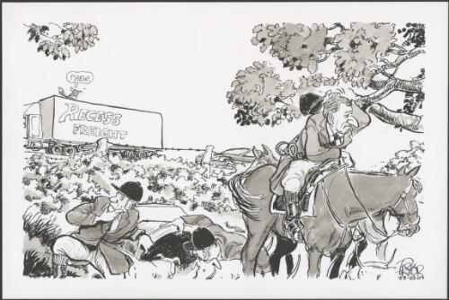 "Recess freight" - Simon Crean and other fox hunters looking for a fox speeding off on a truck, 2002 [picture] / Pryor
