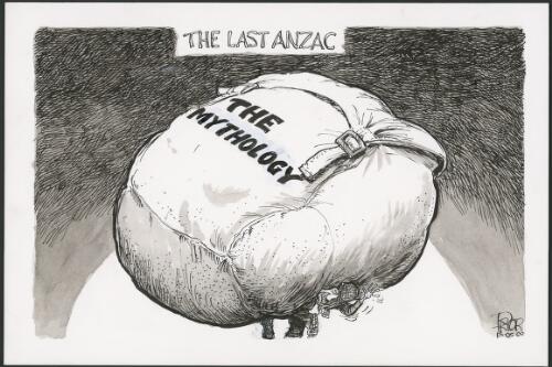 The last Anzac - a veteran weighted down by a huge backpack with inscription "The mythology", 2002 [picture] / Pryor