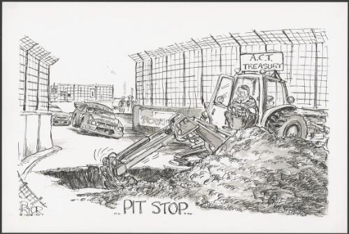 Pit Stop - ACT Treasury digging a pit in front of racing cars, 2002 [picture] / Pryor