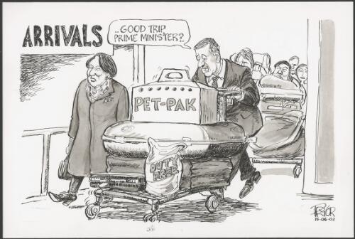 "Good trip Prime Minister?" - Janette Howard in arrivals with trolley of luggage and a Pet-pak on top  containing the Prime Minister, 2002 [picture] / Pryor