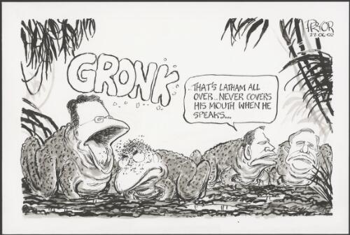 Mark Latham insulting John Howard in swamp with Tony Abbott and Peter Costello, 2002 [picture] / Pryor