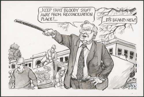 "Keep that bloody stuff away from Reconciliation Place!" - Wilson Tuckey[?] overseeing dismantling of Aboriginal Embassy, Canberra 2002 [picture] / Pryor