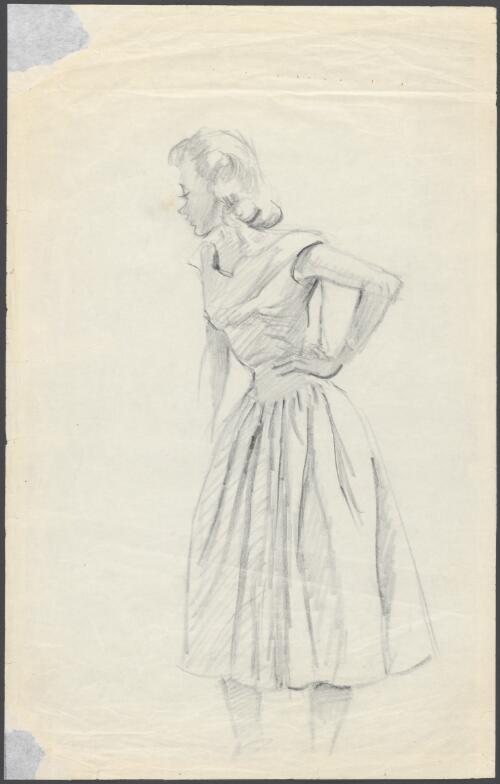 Sketch, standing woman in dress, hand on hip [picture] / Stan Cross