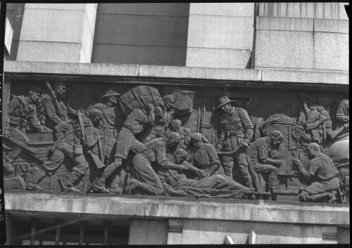 Section of memorial frieze around Shrine of remembrance, Hyde Park [1] [picture] : [Sydney, New South Wales] / [Frank Hurley]