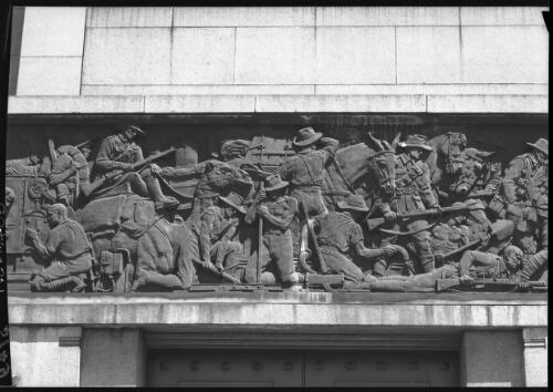 Section of memorial frieze around Shrine of remembrance, Hyde Park [picture] : [Sydney, New South Wales] / [Frank Hurley]