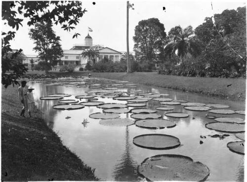 [Pool with water lillies, building with flag, three figures, 1913] [picture] : [Java, Indonesia] / [Frank Hurley]