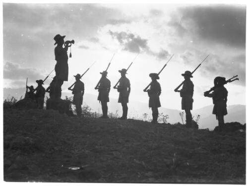 Bugler and line of soldiers, ca. 1940, 2 [picture] / [Frank Hurley]