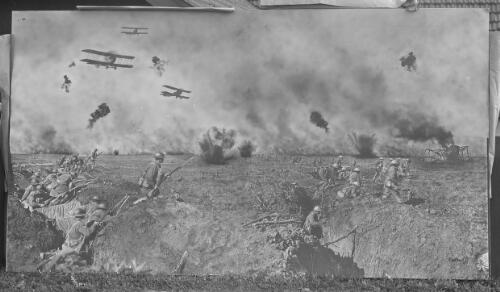 [Very large print of Over the Top, a composite shot of World War I battle in Ypres, signed Frank Hurley 1917, propped against a house] [picture] : [World War I] / [Frank Hurley]