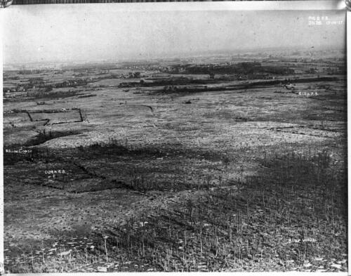 [Aerial shot of section of Ypres Sector Battlefield taken from an observation balloon, inscribed 'P4B 53. Sh.28. 17-10-17', 'Rhine Copse', 'D24 a.6.8.', 'E19a7.3.', October 1917] [picture] : [Flanders, World War I] / [Frank Hurley]