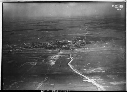 [Aerial shot of section of Ypres Sector Battlefield taken from an observation balloon, inscribed 'P.18.v.158 24.5.17-15 Sh.57c., Queant, D.7.d.17', October 1917] [picture] : [Flanders, World War I] / [Frank Hurley]
