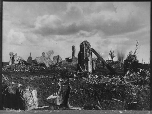 [Bombed village in landscape, 1917] [picture] : [Flanders, World War I] / [Frank Hurley]