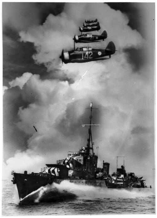 Composite photograph of five RAAF Wirraways aircrafts flying in formation and port bow view of the destroyer HMAS Warramunga, during World War II [picture] / [Frank Hurley]