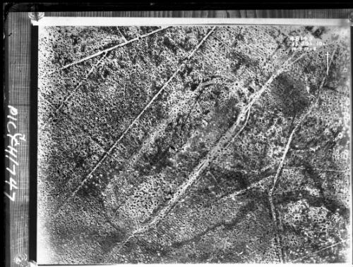 [Section of Ypres Sector Battlefield showing intensity of shell craters aerial taken from an observation balloon, 1917] [picture] : [Flanders, World War I] / [Frank Hurley]
