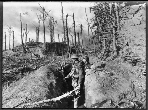 [Soldiers in a trench along the front line, near Steenvorde, Ypres salient, Flanders, October 1917] [picture] : [Flanders, World War I] / [Frank Hurley]
