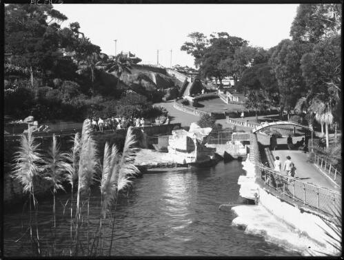 Scenic view of Baths from the Seal Lake [picture] : [Taronga Park Zoo, Sydney, New South Wales] / [Frank Hurley]