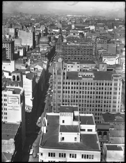 York Street from A.W.A Tower [with Queen Victoria Building] [picture] : [Sydney, New South Wales] / [Frank Hurley]