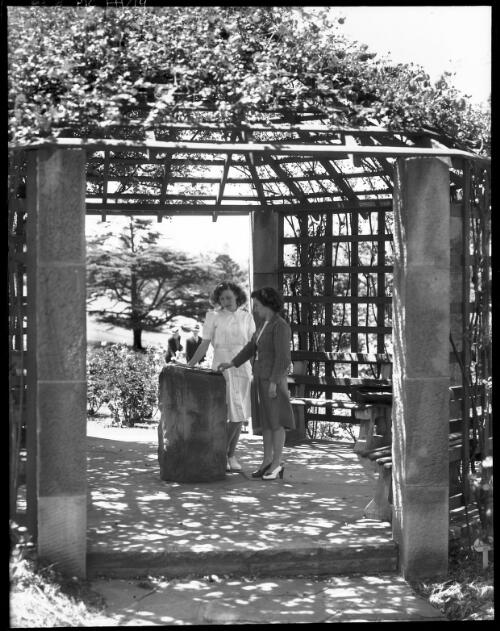 Two women standing at the Nellie Stewart Memorial Plaque, Botanic Gardens, Sydney [picture] / [Frank Hurley]