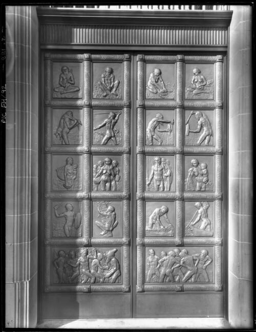 Native study, doorway entrance Public Library [bronze eastern entrance doors, Public Library of New South Wales] [picture] : [Sydney, New South Wales] / [Frank Hurley]