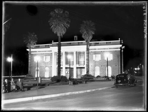Council Chambers by night from Corso [Manly Municipal Council building] [picture] : [Beaches, Sydney, New South Wales] / [Frank Hurley]