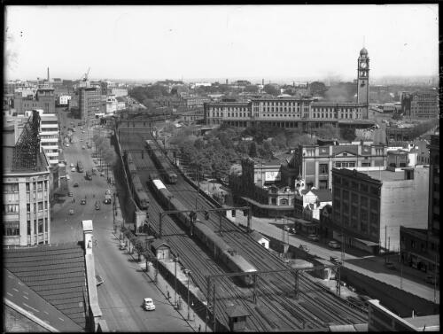 Railway Station from [Central Railway Station, Sydney Dental Hospital, Elizabeth Street, 1940s] [picture] : [Sydney, New South Wales] / [Frank Hurley]