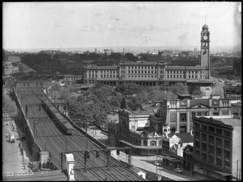 Railway Station from [Central Railway Station, Castlereagh Street, Main Roads Building, 1940s] [picture] : [Sydney, New South Wales] / [Frank Hurley]