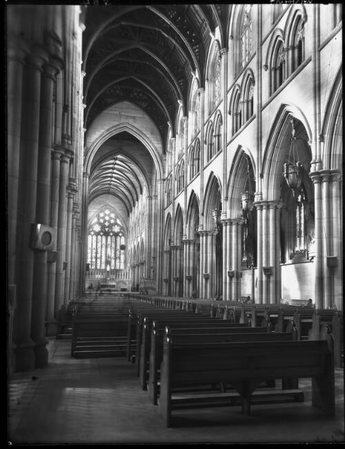 Main aisle looking from rear towards altar [St Mary's Roman Catholic Cathedral, 1940s] [picture] : [Sydney, New South Wales] / [Frank Hurley]