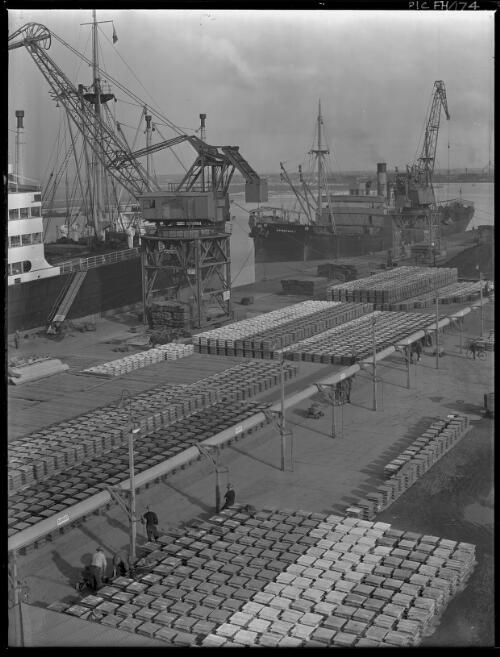 [Port Pirie, South Australia showing dockyards, ship Kekerangu and one other, 1950s] [picture] : [Industry] / [Frank Hurley]
