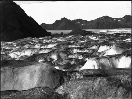 [Ice or rocks worn smooth by ice, with water and mountains beyond, South Georgia? Island, Shackleton expedition, 1914-1917] [picture] : [Antarctica] / [Frank Hurley]