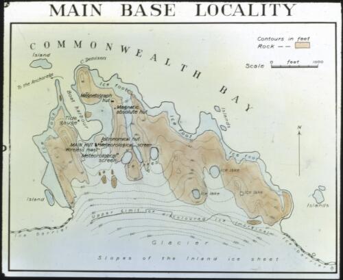 Main base locality [map of Commonwealth Bay and Adelie Land, Australasian Antarctic Expedition, 1911-1914] [picture] : [Antarctica] / [Frank Hurley]