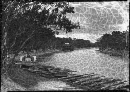 Logging rafts and old wharf Echuca Vic [Murray River] [picture] : [Echuca, Victoria] / [Frank Hurley]