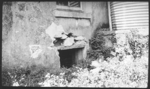 [Part of an external wall of a building, with a cellar door, part of a window, a corrugated iron water tank and plants] [picture] : [Norfolk Island] / [Frank Hurley]