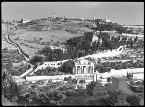 Mount Olives showing Garden Gethsemane alongside Church of All Nations etc., taken from Golden Gate Jerusalem [picture] / [Frank Hurley]