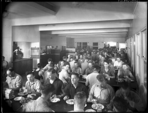 Dining room at Mt Beauty men's mess [Kiewa, December 1947] [picture] : [State Electricity Commission of Victoria] / [Frank Hurley]