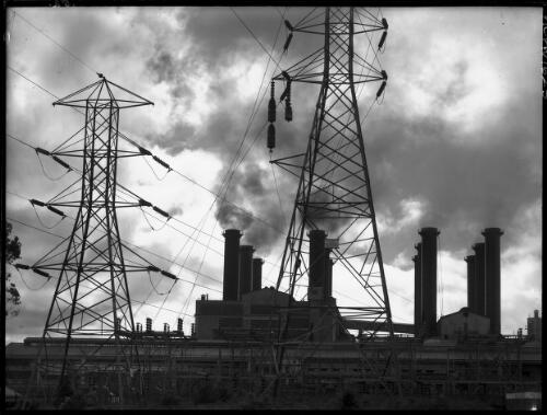 Silhouette study leading out Gantries & P.S. horizontal study [Power Station, Yallourn, Victoria, December 1947] [picture] : [State Electricity Commission of Victoria] / [Frank Hurley]