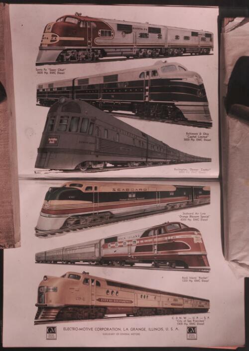 [Two printed pages of drawings of trains of GM Diesel Power, Electro-Motive Corporation, La Grange, Illinois, USA, a subsidiary of General Motors] [picture] / [Frank Hurley]