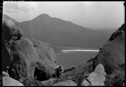 Wineglass Bay from Baldy, figure in FG [picture] : [Coles Bay, Tasmania] / [Frank Hurley]
