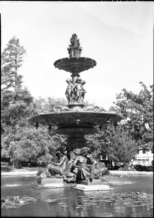 [An ornate, multi-level fountain with statue figures, in a park with trees] [picture] : [Launceston, Tasmania] / [Frank Hurley]