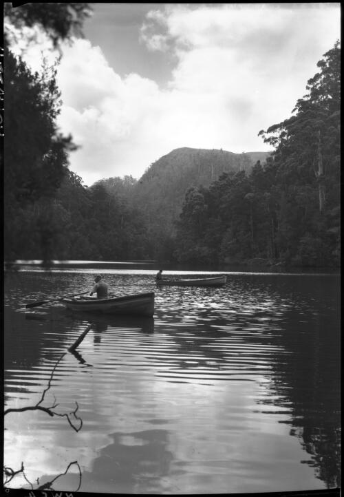 Pieman River with two boats and rowers [picture] : [North West Coast, Tasmania] / [Frank Hurley]