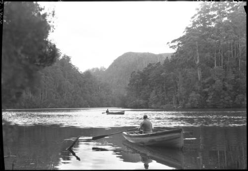 Pieman River, horizontal with two boats and rowers [picture] : [North West Coast, Tasmania] / [Frank Hurley]