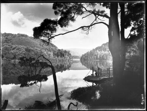 Pieman River morning scene [a jetty, two figures, bushland, trees] [picture] : [North West Coast, Tasmania] / [Frank Hurley]
