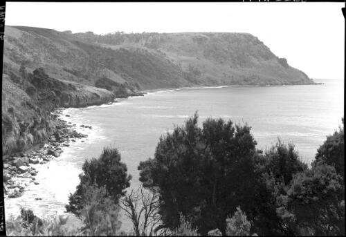 Table Cape, horizontal [bay, trees, rocks, sea] [picture] : [North West Coast, Tasmania] / [Frank Hurley]