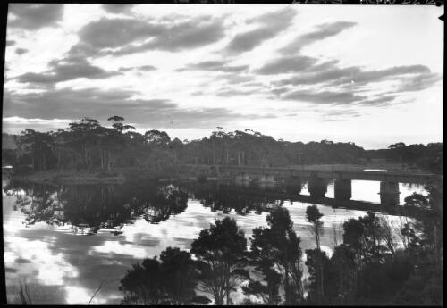 River reflections at Leith [trees by a river and a bridge] [picture] : [North West Coast, Tasmania] / [Frank Hurley]