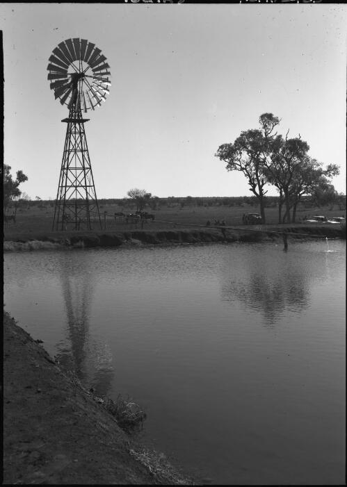 [A dam and a pump attached to a windmill] [picture] : [Central Australia] / [Frank Hurley]