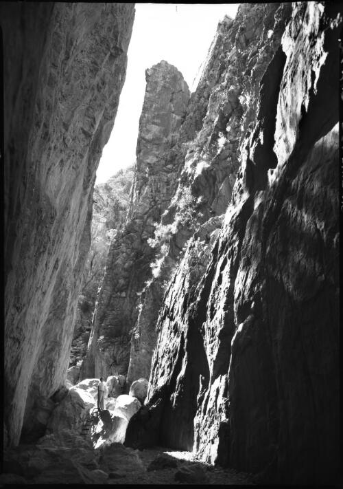 Standly Chasm [Standley Chasm, MacDonnell Ranges, with figure and ladder] [picture] : [Central Australia] / [Frank Hurley]