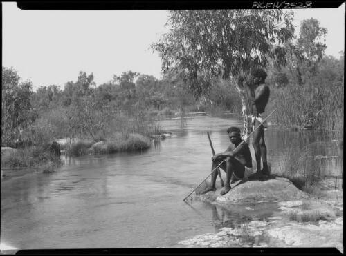 Upper Roper R. at Mataranka [showing two Aboriginal fishermen with spears on rock by river] [picture] : [Northern Territory] / [Frank Hurley]