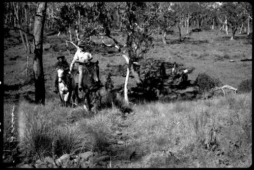 [Group of men on horses riding through bush] [picture] / [Frank Hurley]