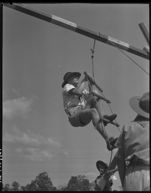 [Boy scouts helping another boy scout climbing a rope ladder, 2] [picture] / [Frank Hurley]
